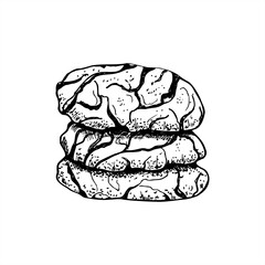 Three cracked cookies pile vector isolated illustration painted by black inks. Traditional Italian, American or Moroccan cookies etching drawing. Hand drawn biscuit stacked line art for menu, recipe