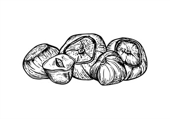 Whole and broken hazelnut pile monochrome vector isolated illustration. Etching hand drawing of nut peeled and nuts in shell. Healthy food snack for lifestyle blog, culinary recipe, product design