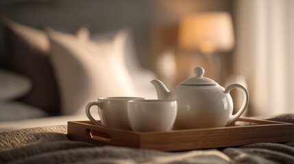 A teapot and two cups sit elegantly on a wooden tray in a cozy bedroom, inviting a soothing moment. The teapot and cups create an inviting atmosphere, enhancing the peaceful settin