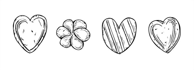 Flower and heart shaped cookies decorated icing set vector isolated illustration painted by black inks. Traditional valentine day cookie etching drawing. Hand drawn biscuit clip art for greeting card