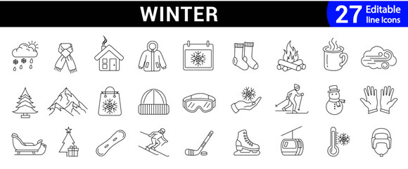 Winter line icon set. Editable line snow, snowflake, cold, frost, icicle, snowman, wind and more. Outline icon in linear style. Vector illustration