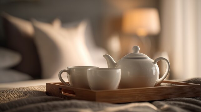A teapot and two cups sit elegantly on a wooden tray in a cozy bedroom, inviting a soothing moment. The teapot and cups create an inviting atmosphere, enhancing the peaceful settin