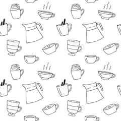 Tea and coffee seamless pattern, hand drawing, vector illustration