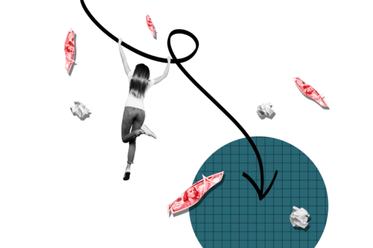 Composite photo collage of anonym inexperienced businesswoman jump arrow down crumpled paper cash inflation isolated on painted background