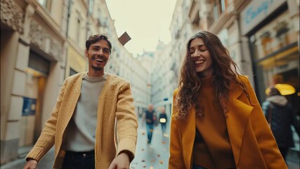 Jubilant young couple raising arms, cheering amid colorful confetti, celebrating on bustling urban street with infectious energy video 4k