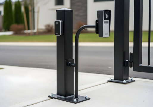 Elegant modern gate security system for a house, showcasing a key card reader and intercom system