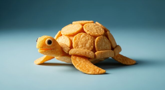 Creative turtle sculpture made from crispy potato chips on blue background