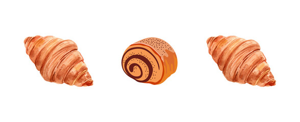 Croissant and Pain au Chocolat Isolated on Transparent Background Vector Illustration Top View. Ideal for bakery branding, cafe menu design, recipe blogs, food packaging, or culinary artwork. 