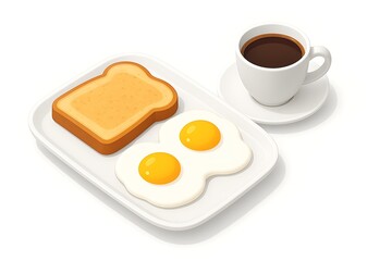 Isometric plate of breakfast toast, eggs, and coffee cup isolated on white background