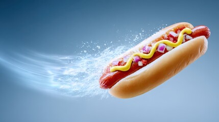 Hot dog with generous mustard topping sausage in bun generously coated with yellow mustard