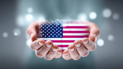 Hands proudly display the american flag close up shows hands grasping united states flag