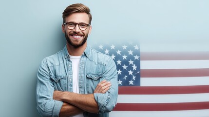 Man with glasses beard stands before american flag male figure with spectacles facial hair by us flag