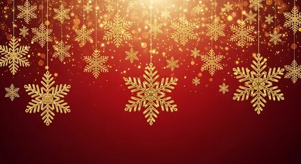 red christmas background with hanging gold snowflakes, sparkles, and bokeh lights