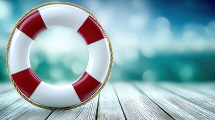 Life preserver rests on wooden table safety equipment displayed on natural wood surface