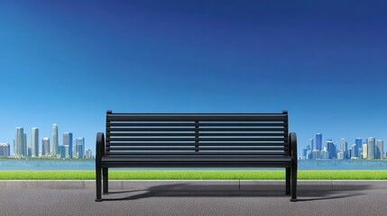 Bench on concrete sidewalk facing city urban scene features bench positioned on sidewalk before city skyline