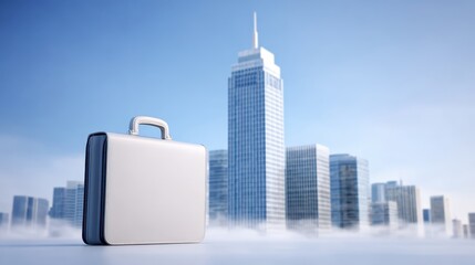 Suitcase sits before urban cityscape personal baggage rests against modern city panorama