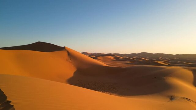 Beautiful serene desert sand dunes landscapes in the Sahara desert, Mhamid, Erg Chigaga, Morocco. Panning, 4k.