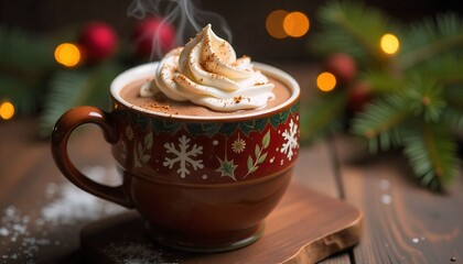 a professional warm and inviting photograph of a rich chocolate Christmas cocoa in a decorative holiday mug, with the cocoa filled to the brim and topped with a generous dollop of whipped cream, sprin