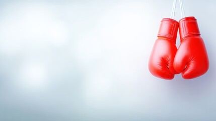 Red boxing gloves hang on rope prepared for training gloves are suspended on rope awaiting next intense match