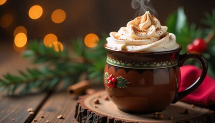 a professional warm and inviting photograph of a rich chocolate Christmas cocoa in a decorative holiday mug, with the cocoa filled to the brim and topped with a generous dollop of whipped cream, sprin