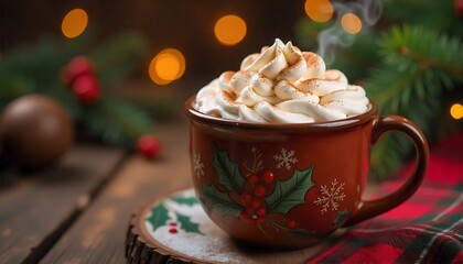a professional warm and inviting photograph of a rich chocolate Christmas cocoa in a decorative holiday mug, with the cocoa filled to the brim and topped with a generous dollop of whipped cream, sprin
