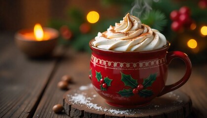 a professional warm and inviting photograph of a rich chocolate Christmas cocoa in a decorative holiday mug, with the cocoa filled to the brim and topped with a generous dollop of whipped cream, sprin