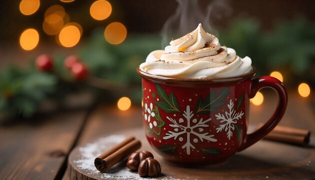 a professional warm and inviting photograph of a rich chocolate Christmas cocoa in a decorative holiday mug, with the cocoa filled to the brim and topped with a generous dollop of whipped cream, sprin - Powered by Adobe