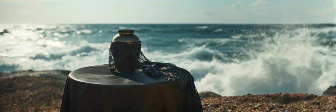 a funeral urn on a table against the backdrop of the sea