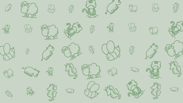 Pattern of cartoon animals on a light green background suitable for childrens wallpaper, fabric design or gift wrapping paper.