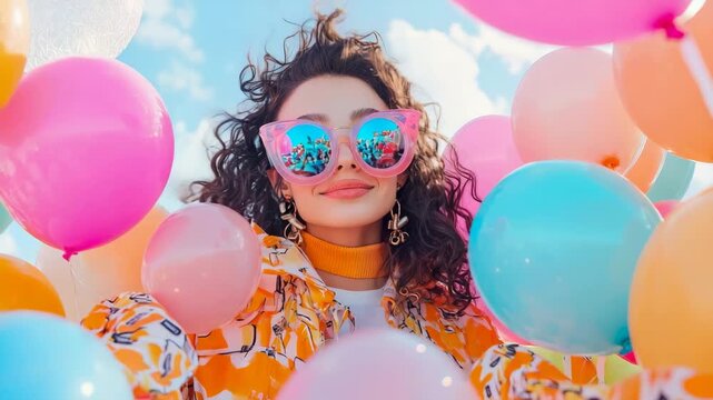 Joyful woman with flowing locks and iridescent eyewear beams amidst profusion of colorful, buoyant orbs under sunny expanse