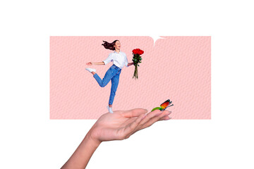 Creative collage young cheerful woman hand palm butterfly environment nature flowers blossom march holiday drawing background