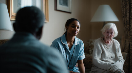 Caregiver talking with elderly people at home
