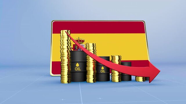 Spain Flag Economy Declining with Falling Oil Prices and Downward Trending Arrow