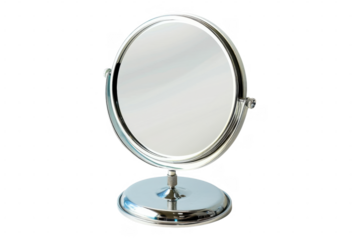A shiny silver vanity mirror on black on transparent background