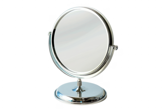 A shiny silver vanity mirror on black on transparent background