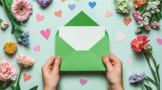 Bright green envelope held with care, surrounded by colorful flowers and paper hearts