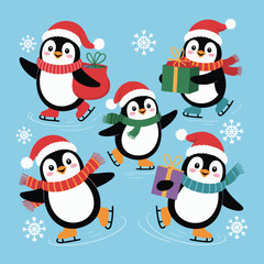 Cute Christmas Penguins Ice Skating with Gifts | Adorable Winter Holiday Illustration for Kids