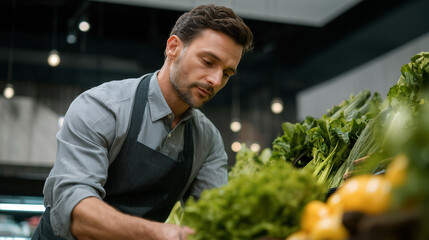 Male grocery worker arranging vegetables in store
