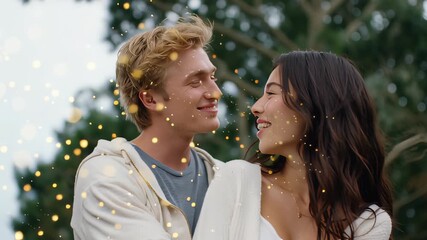 Embracing a mindful new year together, this loving couple celebrates with sparkling lights, cherishing moments of joy and heartfelt connection