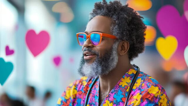 Cheerful man with graying beard and expressive sunglass, dressed in vividly patterned top, amidst luminous heart-filled scene