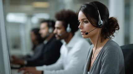 Female call center agent working with headset
