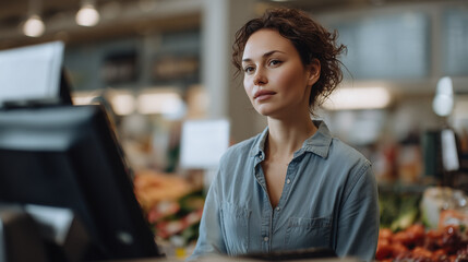 Calm female cashier standing at checkout counter
