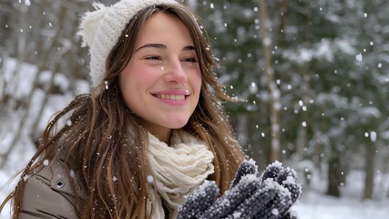 Radiating serene joy, a beautiful woman experiences a mindful new year amidst falling snowflakes, finding peaceful reflection in winter's tranquil beauty