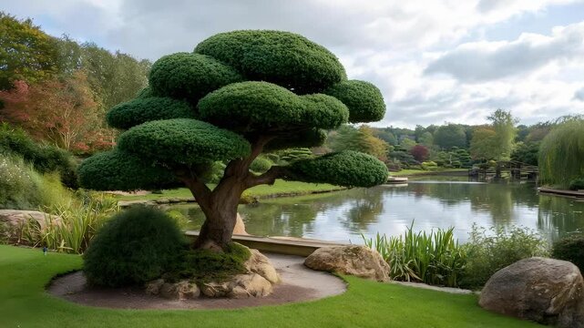 A large cloud-shaped topiary tree with rounded canopies sits on rocks beside a tranquil pond in a manicured garden.