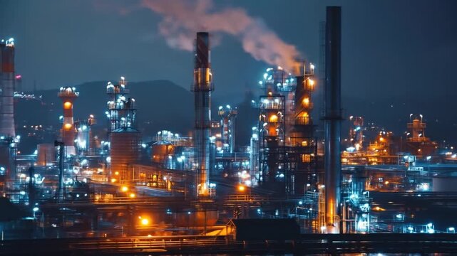 A vibrant industrial landscape at night showcasing illuminated oil refineries and smokestacks against a dark sky, emphasizing the hustle of energy production and urban development
