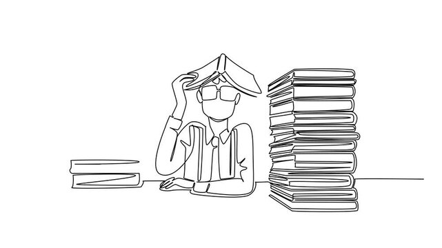 Animated self drawing of continuous line drawing man wear long sleeved shirt with suspenders puts a book on head. Put knowledge into head. Genius. Geek Pride Day. Full length single line animation
