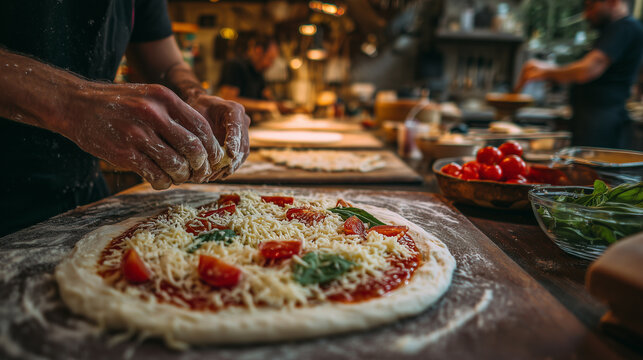 Chefs prepare fresh pizzas with vegetables in bustling kitchen - Powered by Adobe