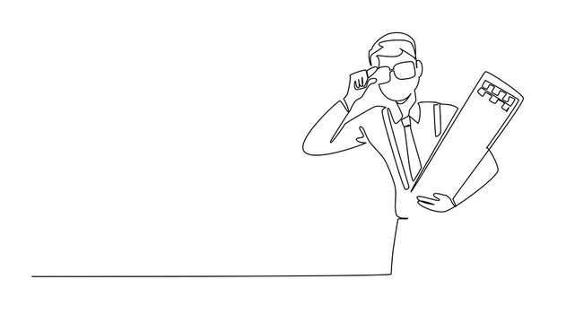Animation of single continuous line drawing a man wearing a long sleeved shirt with suspender holding a computer keyboard. Innovation Geek Pride Day. One line self drawing animated. Full length motion