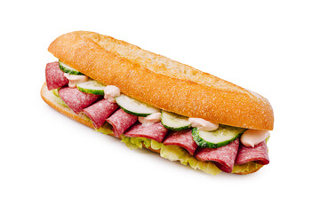Delicious sandwich with salami, cucumber, and fresh toppings on crusty bread