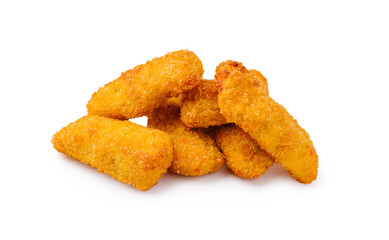 Crispy golden chicken nuggets served on a white background